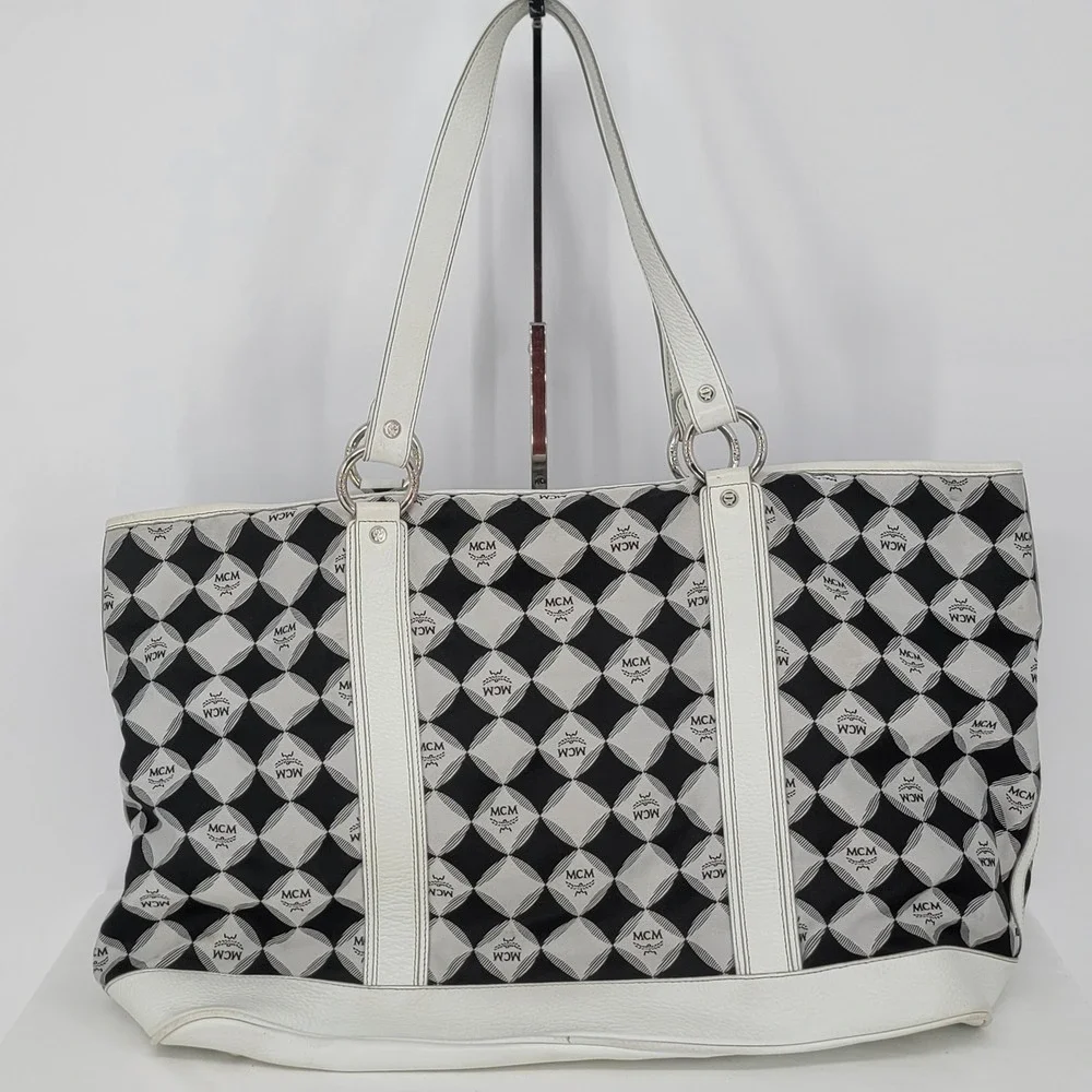 MCM Harlequin Diamond Logo Tote Bag White Leather Trim Black White T5607